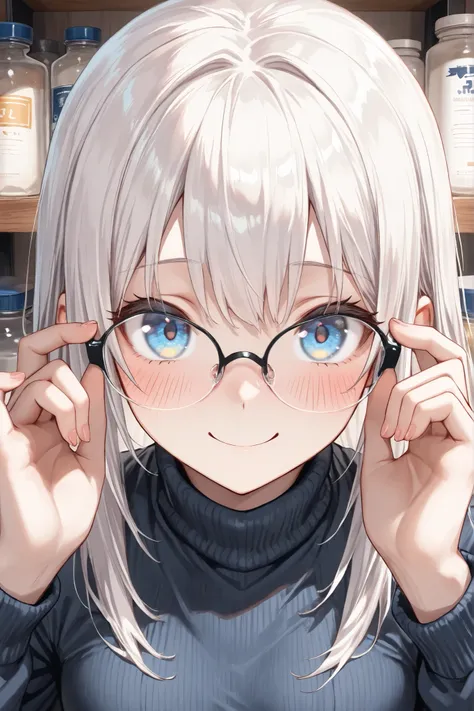 ((Masterpiece)),((best quality)),((incredibly absurdres)),((8K)),semi real,BREAK,
1 girl,solo,younger,kawaii,white hair,long hair,straight hair,blue eyes,small breasts,baby face,big eyes,BREAK,
(black eyewear),(over-rim) eyewear,navy blue turtleneck sweat...