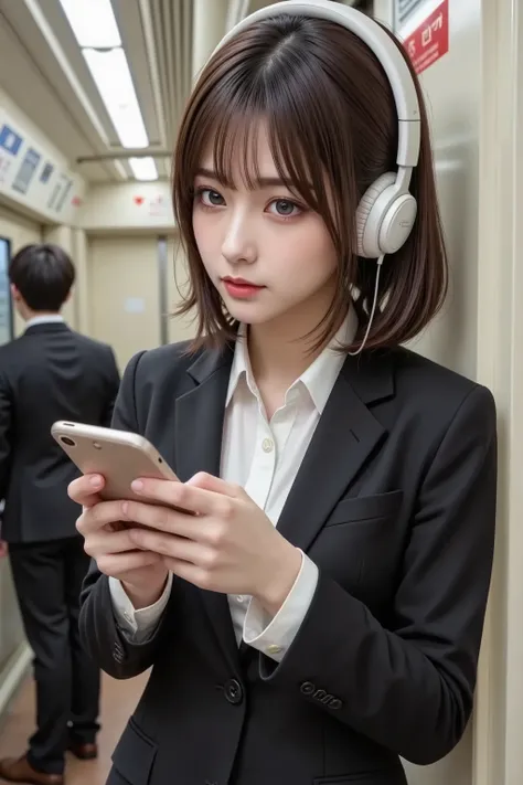 realistic、high image quality、Detailed、8K、((inside a Japanese subway car))、((COWBOY Shot))、((COWBOY Shot2.0))、door wearing heavy makeup、looking at smartphone、((seated on the edge of a 7-seater))、 has bangs、((long slant 2.0))、Foxy face、1 woman leaning agains...