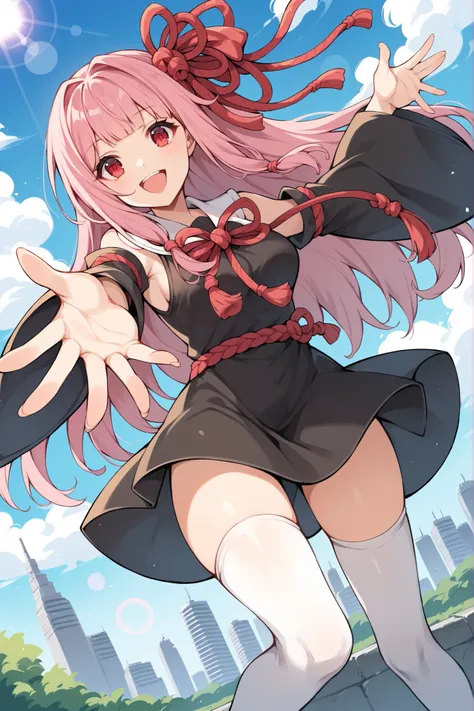 score_9, score_8_up, score_7_up, score_6_up, score_5_up, score_4_up, source_anime, rating_safe, BREAK kotonoha akane, 1girl, pink hair, long hair, blunt bangs, red eyes, medium breasts, hair ribbon, multicolored ribbon, black dress, collared dress, white ...