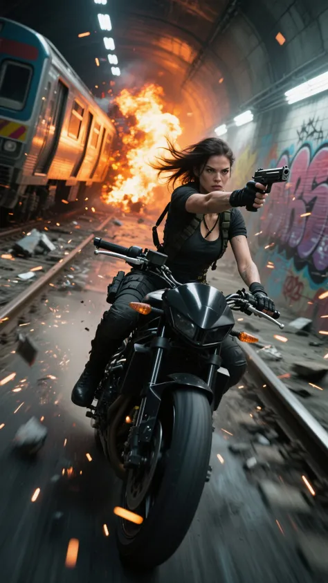 A fierce woman in tactical gear rides a black motorcycle at full speed through a graffiti-covered subway tunnel, her hair and straps flying in the wind. Behind her, a derailed train explodes in flames, casting fiery reflections across the tunnel walls. She wields a pistol in one hand, aiming behind while leaning forward. Debris flies around her as sparks scatter from the rails. Low-angle shot, cinematic action, motion blur on background, intense lighting and dynamic energy
