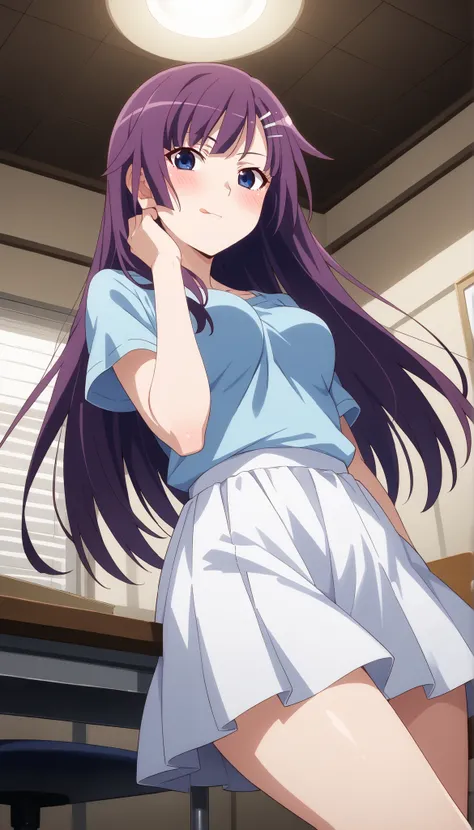 (((Ｍaster Peace))),(((High Quality))),(((Hitagi Senjougahara))),white skirt,light blue t-shirt from brown top,medium breasts,legs to the female genitals,I have lacerations on my skin,room,(((blush))),chair in the left hand examination room,purple hair,low ...