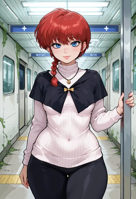 Ranma Saotome. red hair. pigtail. blue eyes. braid. small breasts. huge hips. necklace. black eyeliner. pink manicure. | instagram photo, photo of a beautiful, no bangs, part on one side of hair, tan skin, wrinkles, BREAK, standing in Abandoned metro stati...