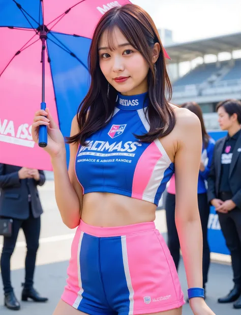 holding a large pink  blue umbrella.  She has long dark hair  is posing with one h on her hip  the other holding the umbrella with the other. there are several race cars  spectators.,(衣服にはスポナーのロゴがある "トヨタ" "GAT1":1.5),レースクイーン,ノースリーブ,美しい日本の女の子,动态角度,20歳,パンティス...