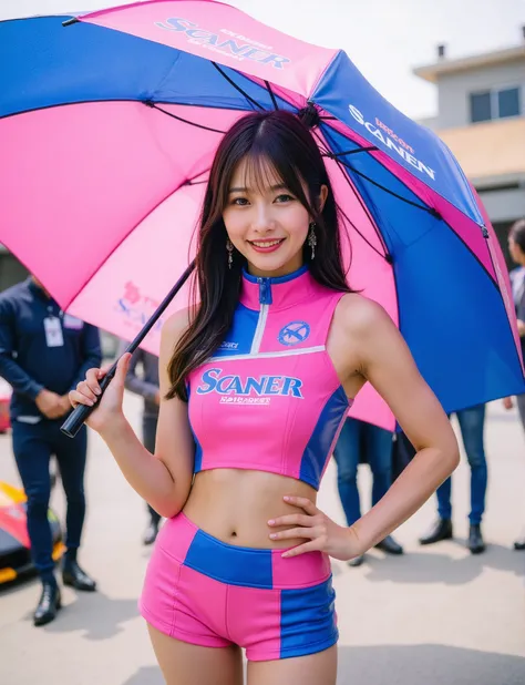 holding a large pink  blue umbrella.  She has long dark hair  is posing with one h on her hip  the other holding the umbrella with the other. there are several race cars  spectators.,(衣服にはスポナーのロゴがある "トヨタ" "GAT1":1.5),レースクイーン,ノースリーブ,美しい日本の女の子,动态角度,20歳,パンティス...
