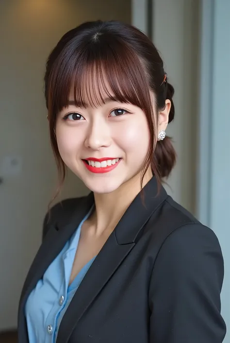 A neat and clean young woman、office lady suit、jacket、shirt、necklace、and look at the camera、hairstyle shortcuts、 、 smile showing teeth、ear piercing、upper body、Background is in a room、