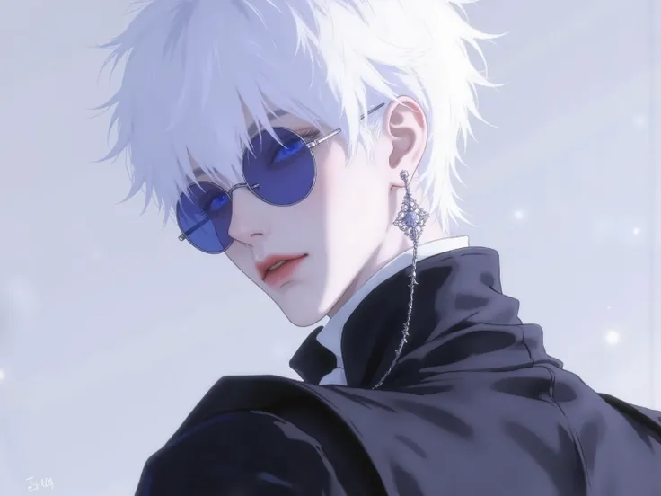 ((점수_9,점수_8_위로)), GOJO SATURO, Portrait of Gojo Satoru from "Jujutsu Kaisen", upper body only, facing forward with a calm and confident expression. White hair, blue sunglasses, wearing a high-collared black uniform. anime style, detailed lighting, soft sha...