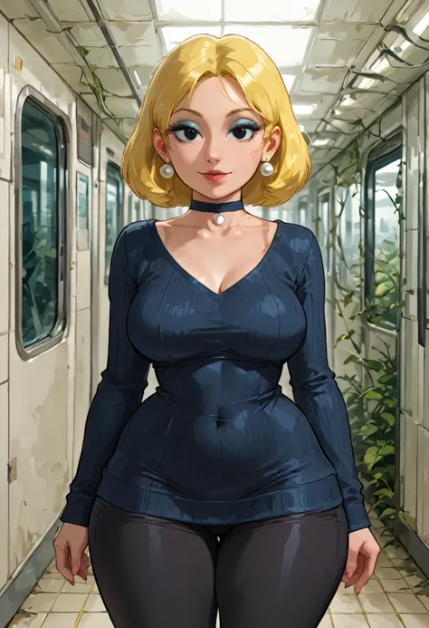 Lori Loud. medium breasts, huge hips, blonde hair, black eyes, blue eyeshadow, pearl earrings, white earrings. choker.| instagram photo, photo of a beautiful, no bangs, part on one side of hair, tan skin, wrinkles, BREAK, standing in Abandoned metro statio...