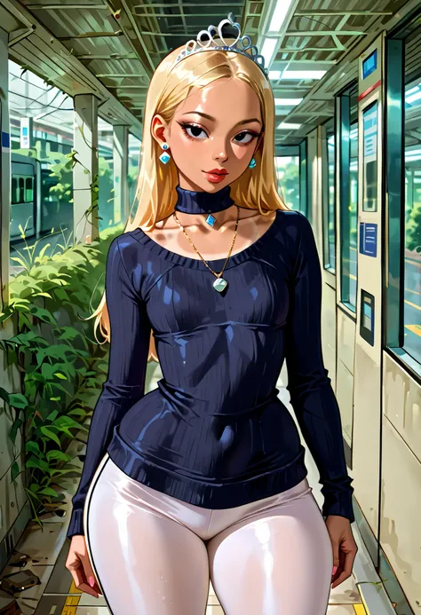 flat breasts. flat chest, skinny, huge hips, looking at viewer, 1o1a, blonde hair, tiara, Black eyes, earrings, necklace, choker. | instagram photo, photo of a beautiful, no bangs, part on one side of hair, tan skin, wrinkles, BREAK, standing in Abandoned ...