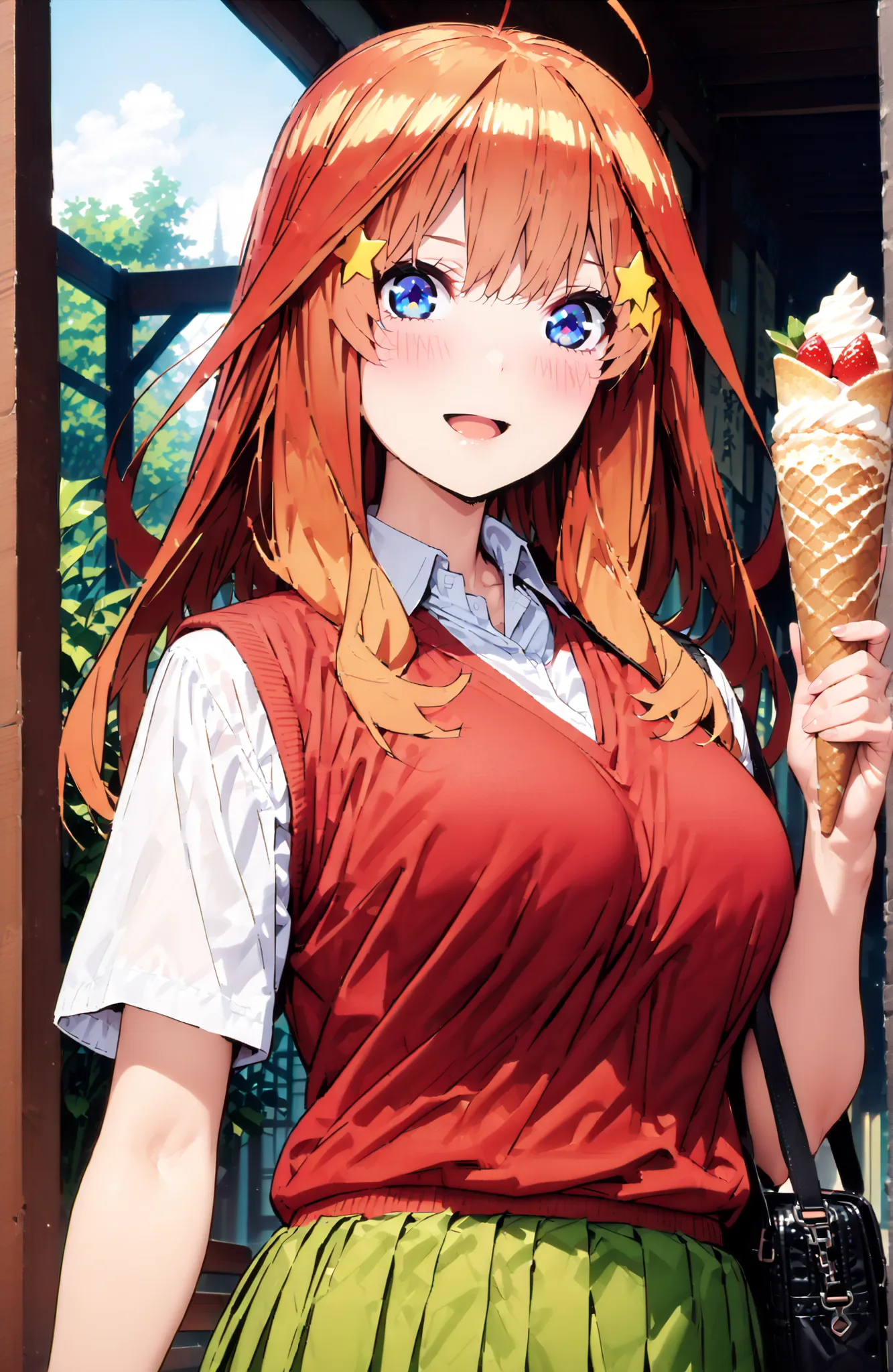 Nakano Mizuki , bungs, blue eyes,  o, stupid hair, red hair, star \(symbol\), yellow hair accessories, star ヘアアクセサリー,black rimmed glasses,smile,blush,open your mouth,Big Breasts,
in their 40s skirt, shirt, uniform, clavicle, white shirt, Short sleeve, plea...