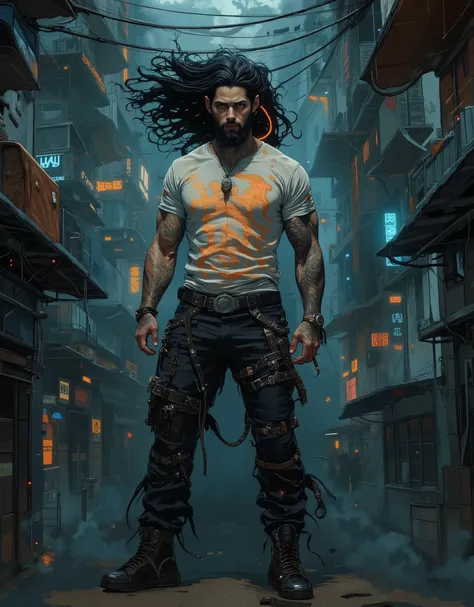 Digital illustration featuring a muscular man with long, flowing black hair tied back, adorned with streaks of orange. He has a full beard and tattoos covering his arms. He is wearing a white t-shirt with a graphic design, black pants with multiple straps ...