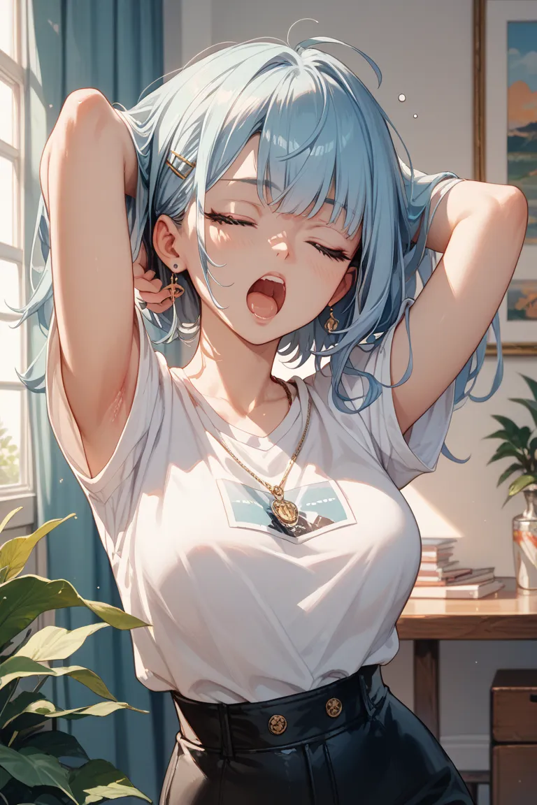The woman has a sleepy expression and is yawning while stretching her arms