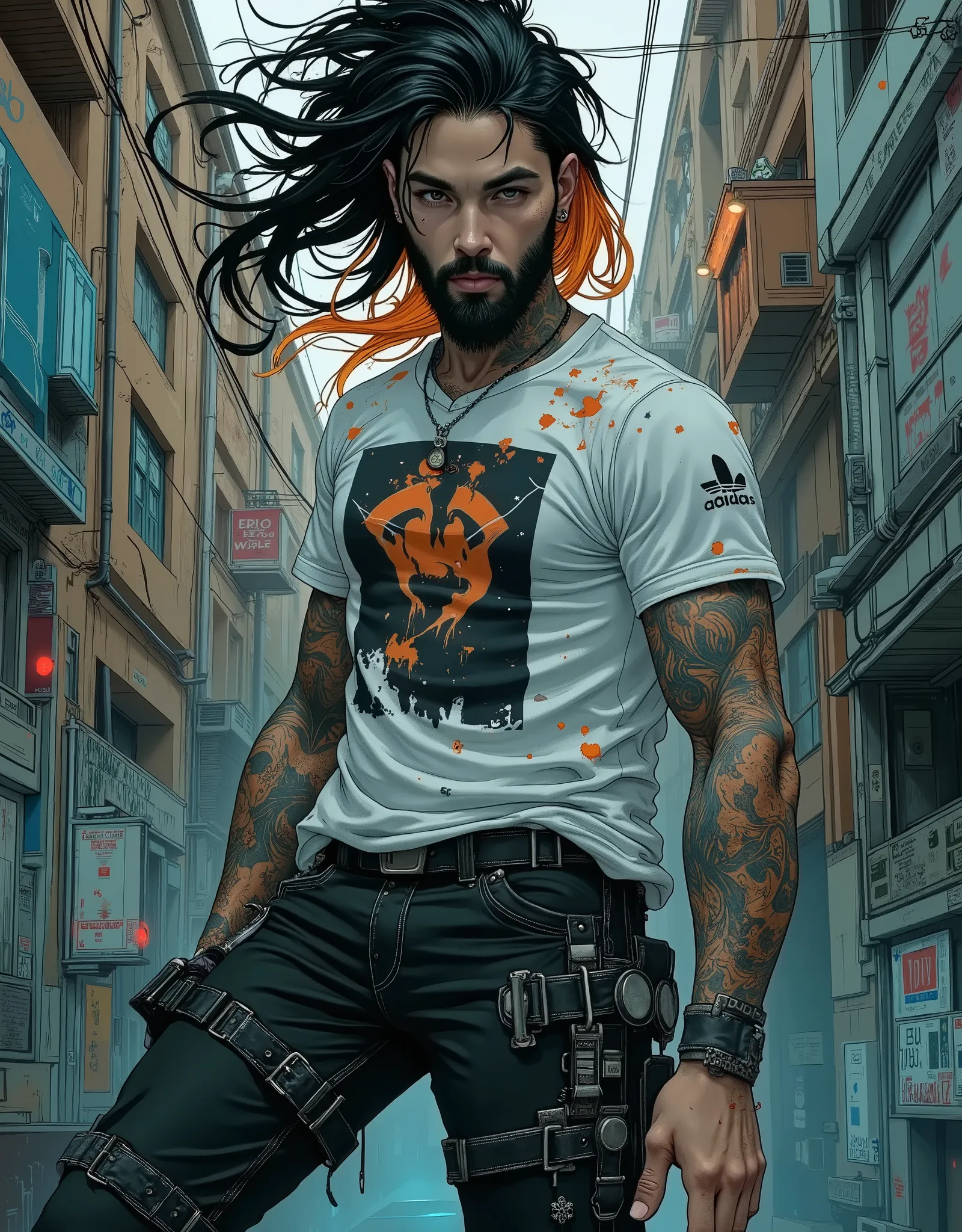Digital illustration featuring a muscular man with long, flowing black hair tied back, adorned with streaks of orange. He has a full beard and tattoos covering his arms. He is wearing a white t-shirt with a graphic design, black pants with multiple straps ...