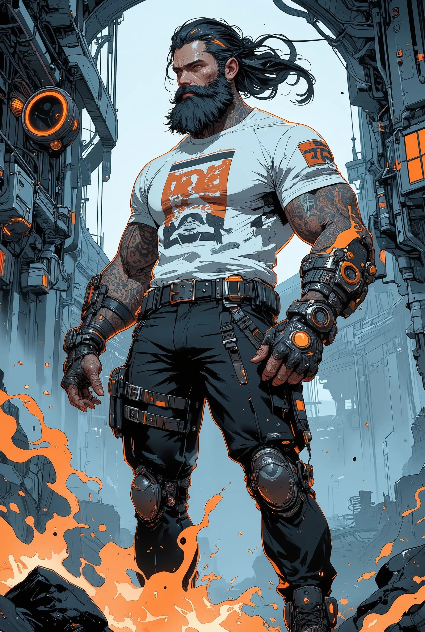 Digital illustration featuring a muscular man with long, flowing black hair tied back, adorned with streaks of orange. He has a full beard and tattoos covering his arms. He is wearing a white t-shirt with a graphic design, black pants with multiple straps ...