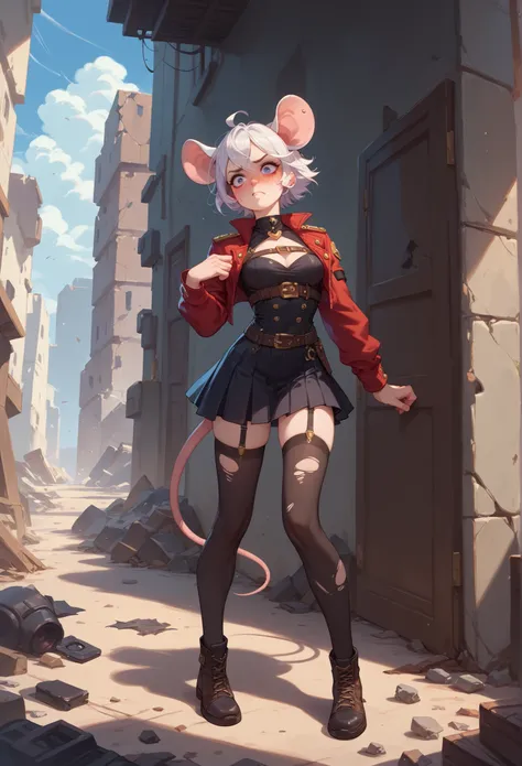 score_9, score_8_up, score_7_up, score_6_up,a sexy girl dressed as a mouse,wearing black stockings,Black sexy costume,Flustered escape,fled in the direction of the picture,full body, clothes damaged in the rubble,Exposed Clothes,the camera goes up from the...