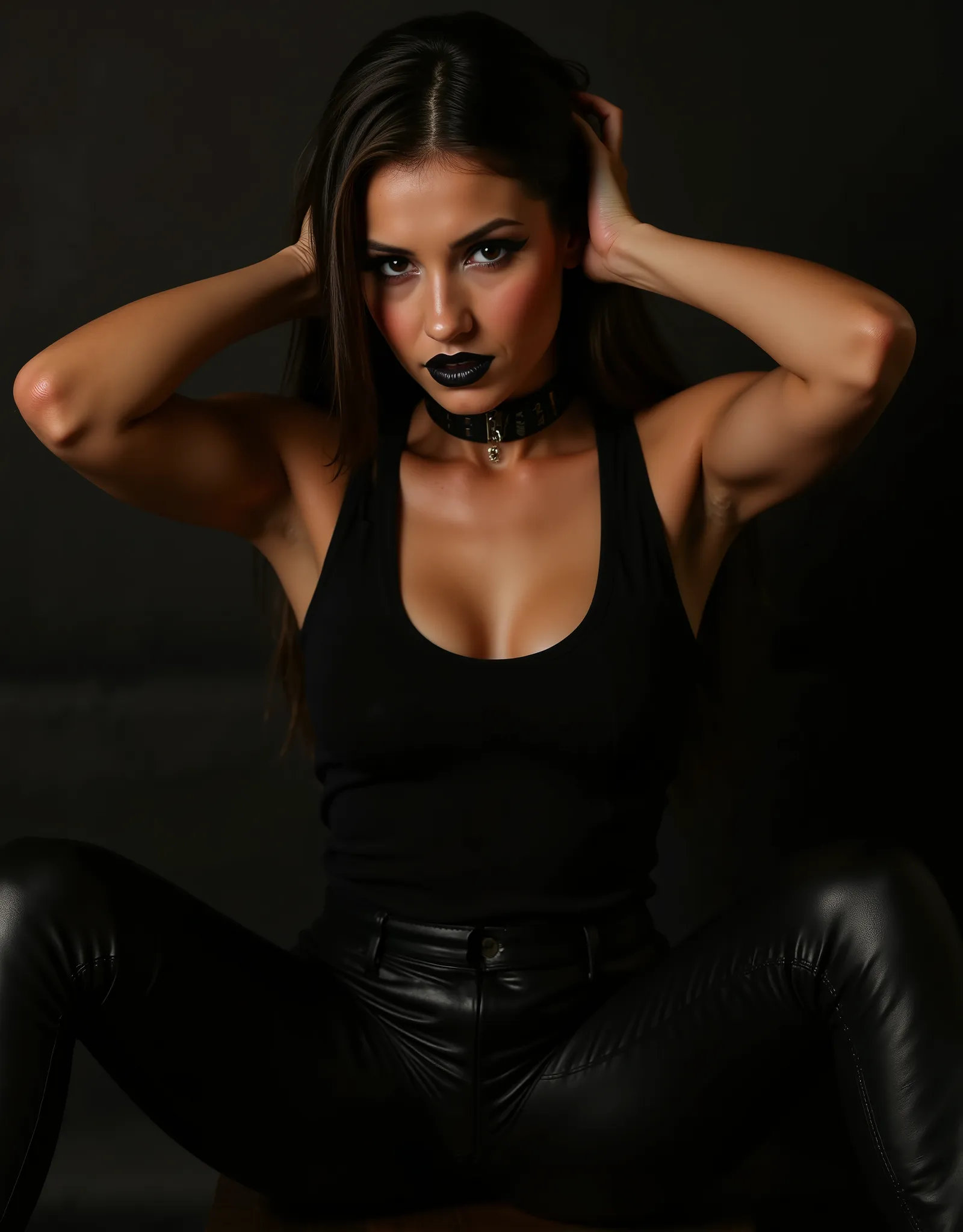 (1girl:1.5), (Nina Dobrev) in a skin tight black top and leather pants,wearing black tight clothing, black leather slim clothes,sexy outfit, leather pants with a belt,  sexy look,posing provocative, cameltoe, sitting with legs spread, longing gazing hungy ...