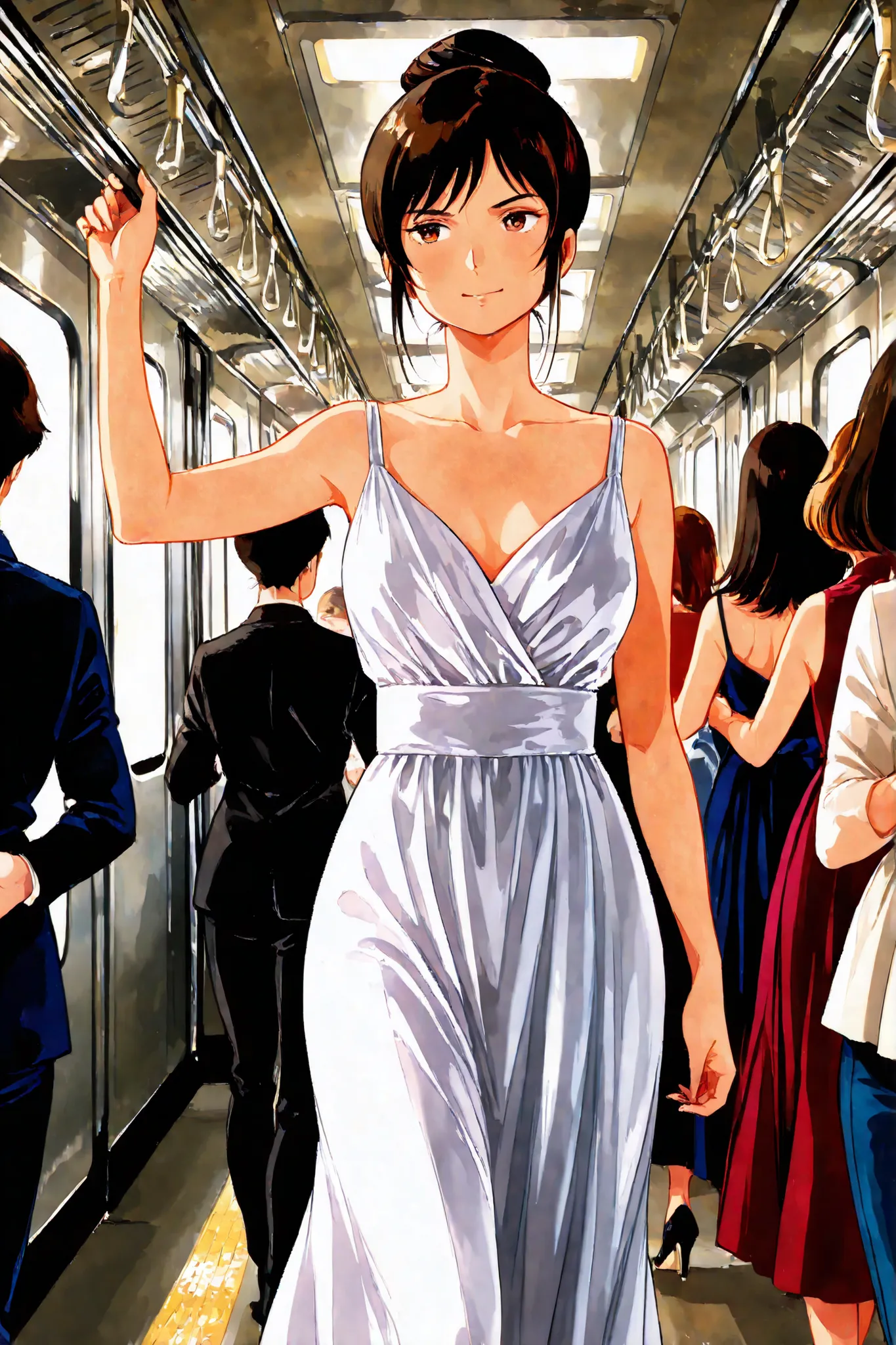 scene inside a crowded subway、fashion show、Happy passengers、absaudress、4K High Quality,Fine Art,Superb Details,Immersive 、LoRA:Yasuhiko Yoshikazu style,