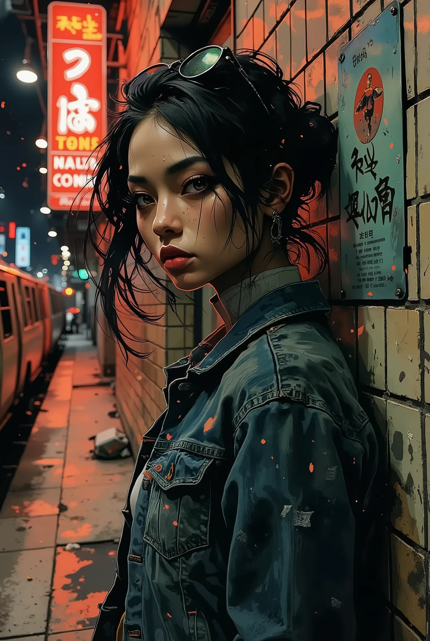 Stunning stylized digital image of an interesting young girl, expressive slightly closed eyes under long thick eyelashes, pronounced cheekbones, plump shiny moist lips, dark hair styled in a hairstyle, asymmetrical bangs, careless hairstyle, denim jacket, ...