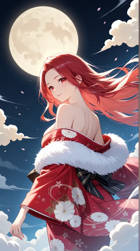 female, beautiful woman in kimono , exposed shoulders, She sees the full moon, Floating clouds,