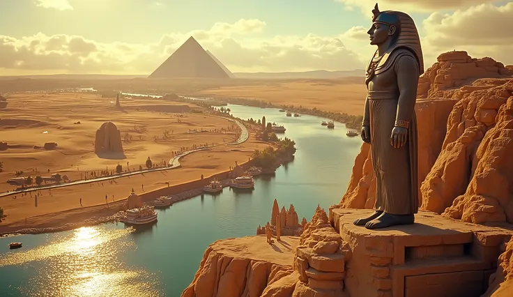 1950s, still film, Ariel view of ancient egypt, pyramid statue and nile river