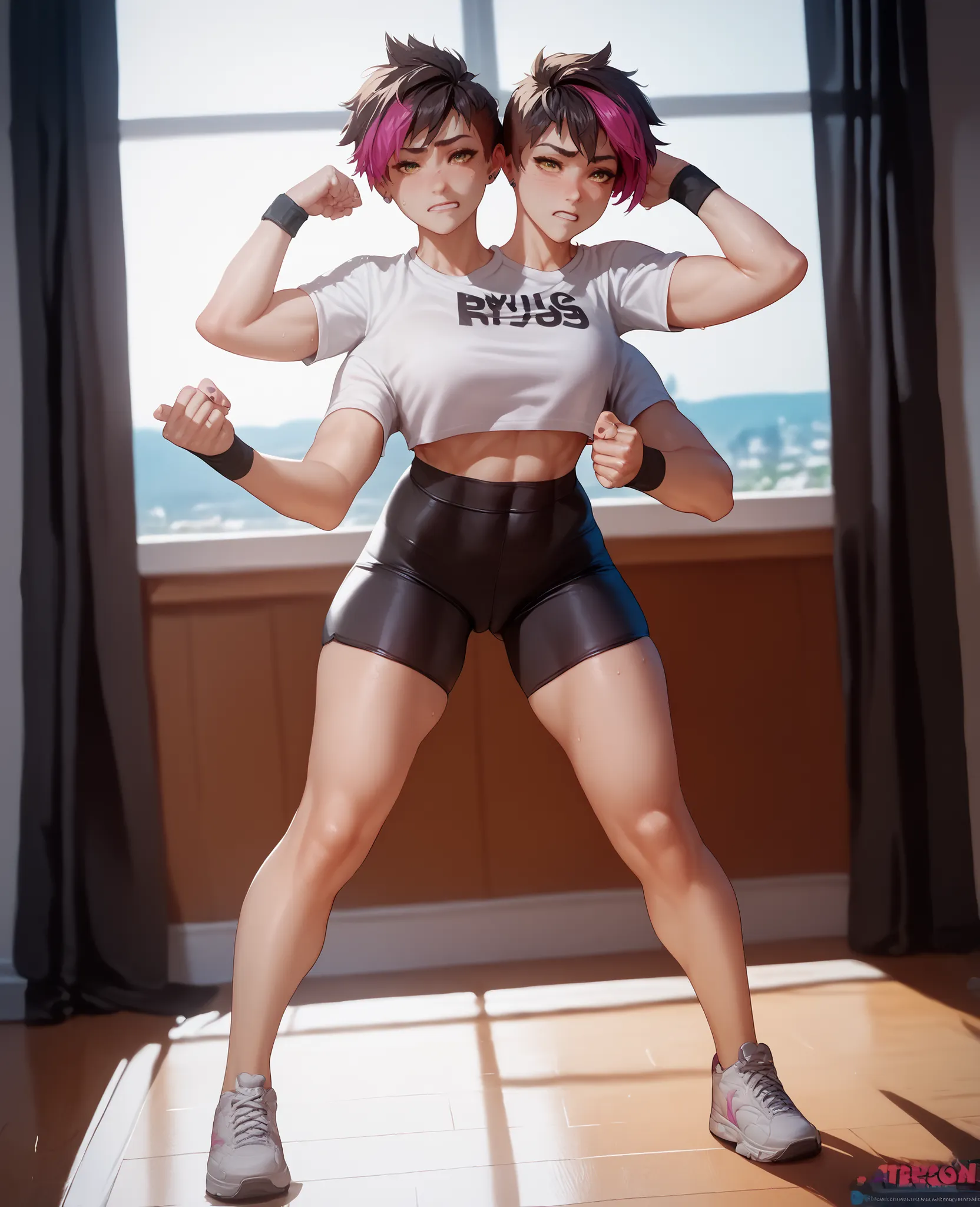 2heads, young woman, 8, tomboy, multi colored hair, pale skin, thin build, shy, tight yoga shorts, legs, (full body), dynamic pose, four arms,