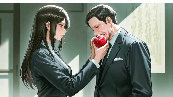 Japanese anime. A male politician in a suit and an ordinary woman. The man is squeezing fruit. The woman is reaching for the fruit and crying sadly. High resolution.