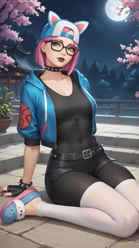 girl (masterpiece)spiked belt,choker,spiked collar,black lips, cap, cat ears,fingerless gloves,evening (only)loose V-neck gray T-shirt, blue short jacket,black shorts with white leggings,gray cat slippers,tight spandex shorts,video games,gothic, exterior o...