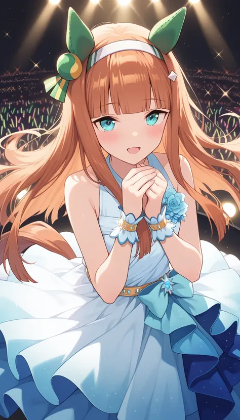 Score_9, Score_8_up, Score_7_up, ((masterpiece)), (best quality), (absurdres), (ultra detailed), (very aesthetic), source anime, cartoon, 1girl, silence suzuka \(umamusume\), long hair, animal ears, green ear covers, white hairband, horse tail, idol costume:1.2, formal dress:0.8, smile, blush:1.2, singing, live stage, lighting up, colorful lighting, colorful conffeti, audience, looking at viewer,