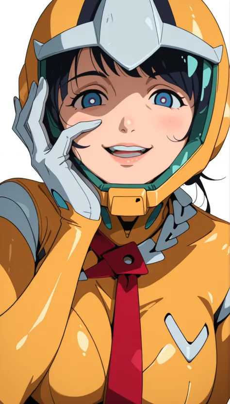 simple background, white background, deep, anime screen capture,Anime Coloring, Shiiko 2, helmet, solo, stares at viewers, gloves, blue eyes, smile, red ties, 1 girl, puts her hand on her face, white gloves, ties,yellow bodysuit,pilot suit,open your mouth,...