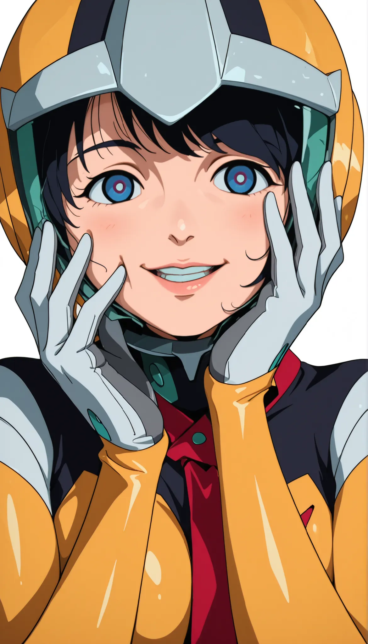 simple background, white background, deep, ANIMATED SCREEN CAPTURE,Anime Coloring, Shiiko 2, helmet, solo, stares at viewers, gloves, blue eyes, smile, red ties, 1 girl, puts her hand on her face, white gloves, ties,yellow bodysuit,pilot suit,open your mou...