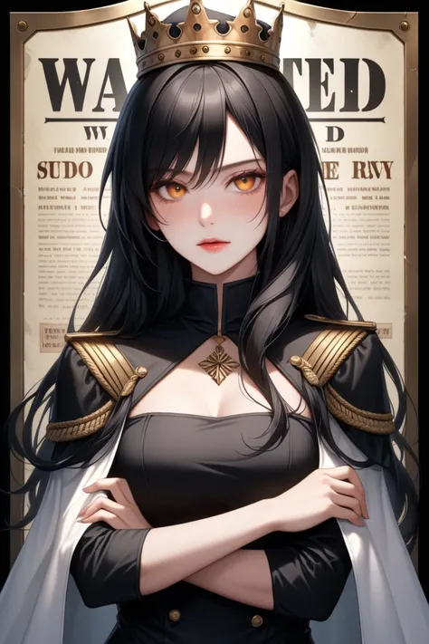 ((extreme quality)), ((masterpiece)), ((RAW 8K)), ((anime-real fusion)), ((extreme photorealism)), ((hyper-detailed skin texture)), ((studio-grade lighting)), ((warm natural tones)), ((extreme eye detail:1.2)),

Boa Hancock half-body portrait in One Piece "Wanted" poster frame — standing with a regal and confident posture. Her expression is cold and unyielding, showing arrogance and authority — furrowed brows, tight lips, and medium glowing eyes full of disdain. Her body is upright with her arms folded across her chest in a commanding, yet elegant manner. No hat is worn, allowing her sleek hair to fall freely.

Hair: long, jet-black hair with a glossy, silky texture — parted cleanly at the center, flowing straight and smooth down past her shoulders. The ends curl inward subtly, just like in the anime. Each strand is softly defined, adding a natural yet controlled look.

Outfit: black high-collar, long-sleeved dress — body-hugging and mid-thigh length with a modest slit on one side. Draped over her shoulders is a pristine white cape with gold-trimmed epaulettes, giving her a royal military appearance.  
Skin: light olive-toned with hyper-realistic details — visible pores, slight freckles, and subtle highlights around her cheeks and collarbones.

Background: authentic One Piece “WANTED” poster design — creased and aged parchment with large serif “WANTED” text above, faint Marine stamp, and blurred bounty beneath. Soft vignette shadowing around the edges adds depth.

Mood: icy, authoritative, and untouchable — a queen who commands the seas with a glare that could freeze anyone in place.
