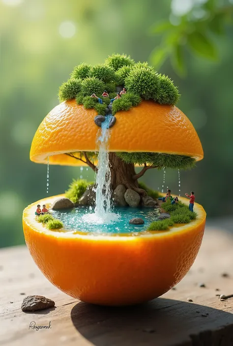 Image is a surreal digital artwork featuring a halved orange, with the top half positioned above the bottom, creating a miniature landscape. Inside the bottom half, a small pond is formed, with water cascading from the top half like a waterfall. The scene ...