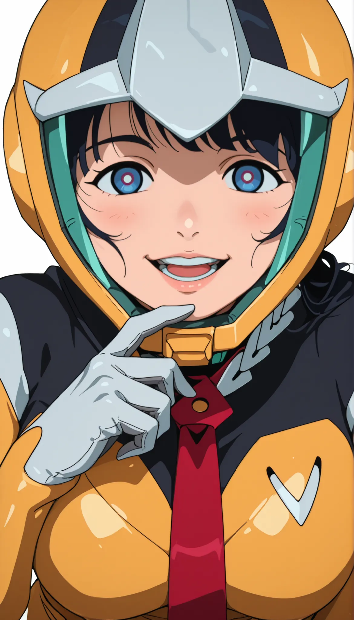 simple background, white background, deep, ANIMATED SCREEN CAPTURE,Anime Coloring, Shiiko 2, helmet, solo, stares at viewers, gloves, blue eyes, smile, red ties, 1 girl, white gloves, ties,yellow bodysuit,pilot suit,open your mouth, with your lips tied,, ...