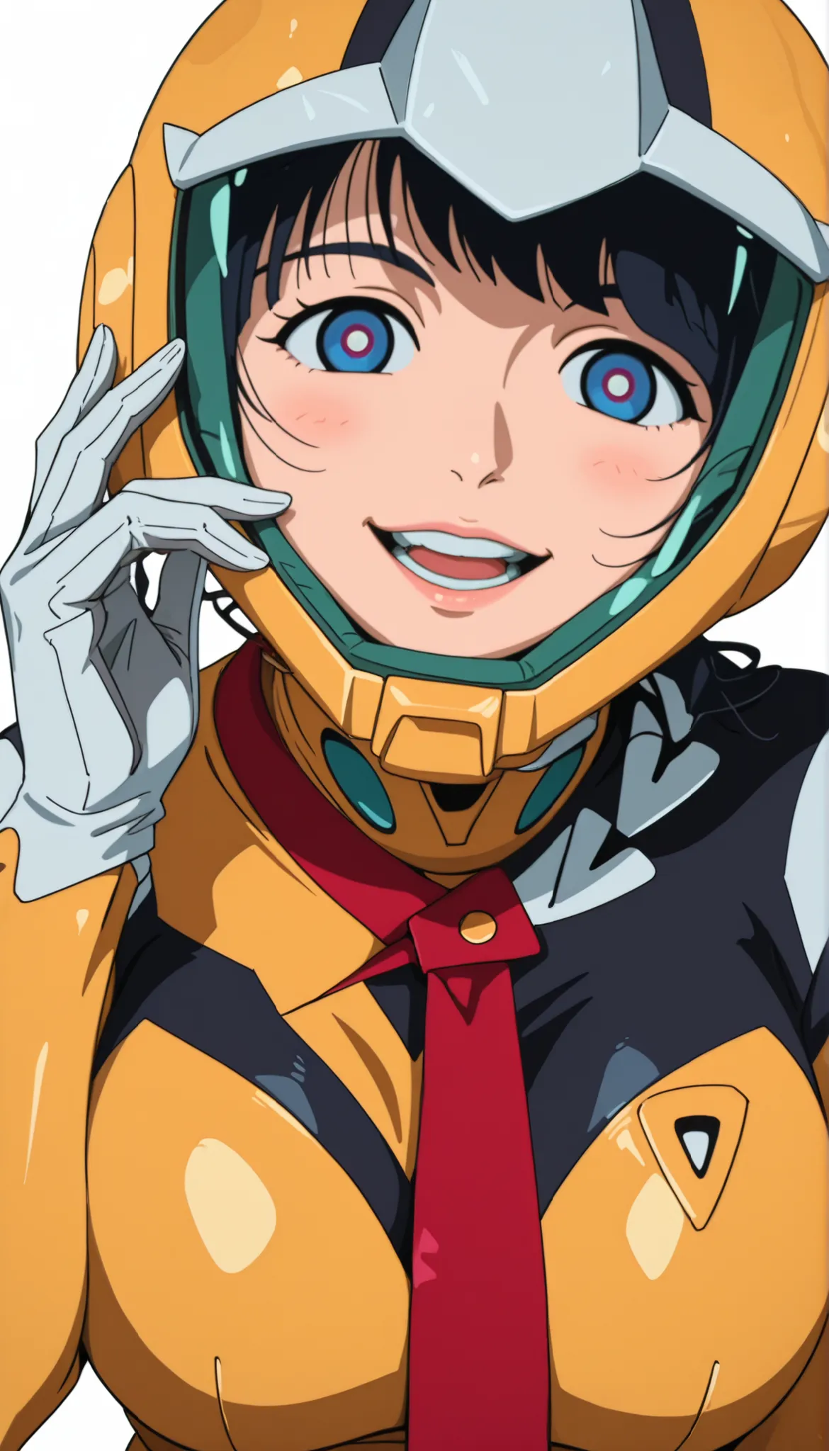 simple background, white background, deep, ANIMATED SCREEN CAPTURE,Anime Coloring, Shiiko 2, helmet, solo, stare at the viewer, gloves, blue eyes, smile, red ties, 1 girl, white gloves, ties,yellow bodysuit,pilot suit,open your mouth, with your lips tied,...