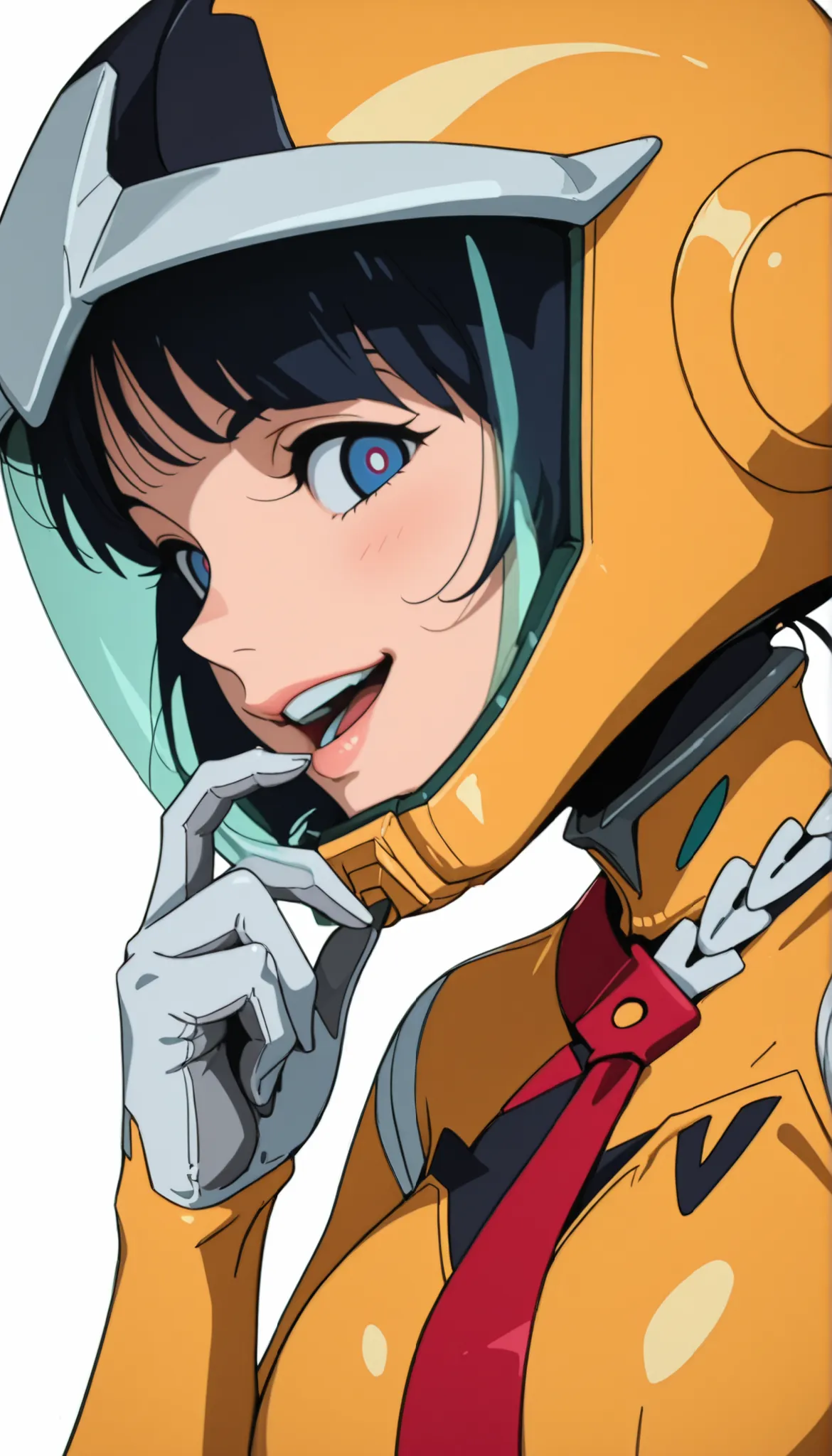 profile、simple background, white background, deep, ANIMATED SCREEN CAPTURE,Anime Coloring, Shiiko 2, helmet, solo, stare at the viewer, gloves, blue eyes, smile, red ties, 1 girl, white gloves, ties,yellow bodysuit,pilot suit,open your mouth, with your lip...