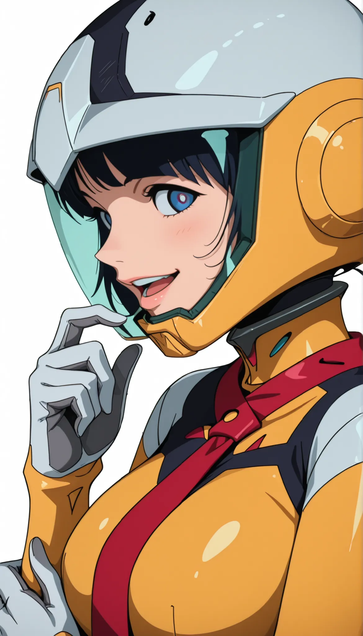 profile、simple background, white background, deep, anime screen capture,Anime Coloring, Shiiko 2, helmet, solo, stares at viewers, gloves, blue eyes, smile, red ties, 1 girl, white gloves, ties,yellow bodysuit,pilot suit,open your mouth, with your lips tie...