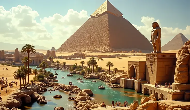 1950s, still film, Ariel view of ancient egypt, pyramid , stone statue and nile river