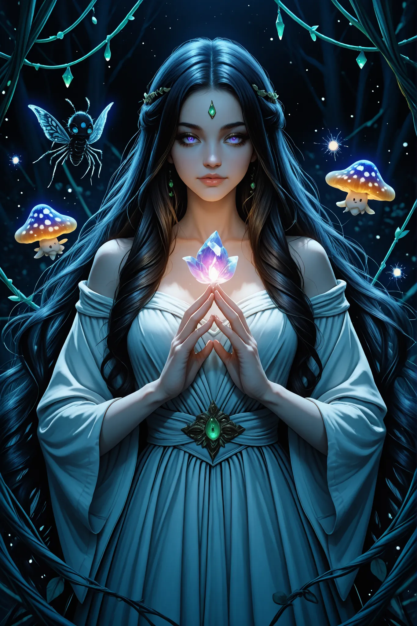 A luminous portrait of a twilight enchantress standing in a glowing glade, surrounded by floating will-o’-the-wisps. Her long, opalescent hair cascades like moonlight over her shoulders, woven with delicate vines and tiny crystal bells that chime softly in...