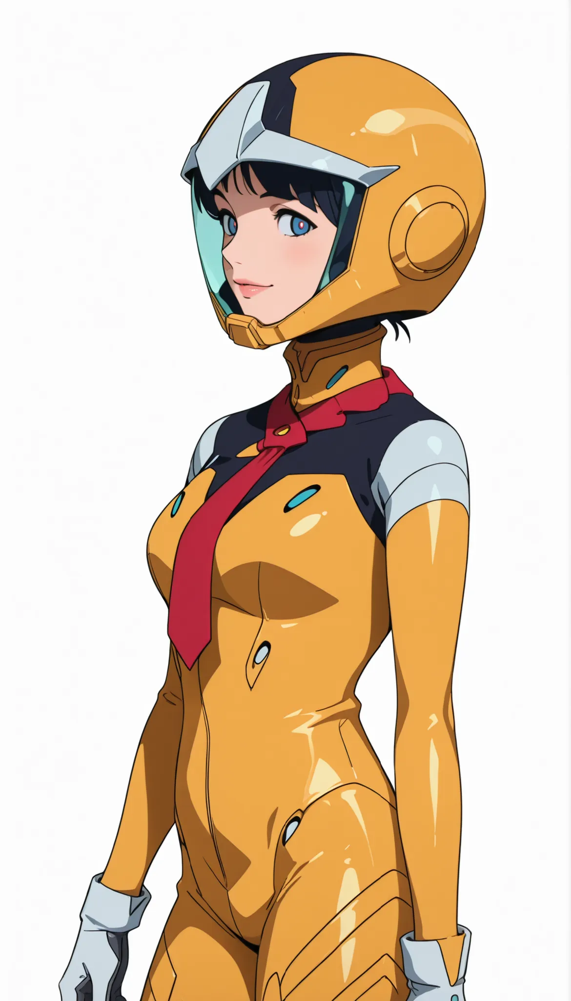 profile、simple background, white background, deep, anime screen capture,Anime Coloring, Shiiko 2, helmet, solo, stares at viewers, gloves, blue eyes, smile, red ties, 1 girl, white gloves, ties,yellow bodysuit,pilot suit, with your lips tied,,