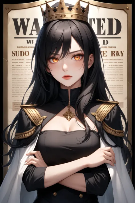 ((extreme quality)), ((masterpiece)), ((RAW 8K)), ((anime-real fusion)), ((extreme photorealism)), ((hyper-detailed skin texture)), ((studio-grade lighting)), ((warm natural tones)), ((extreme eye detail:1.2)),

Boa Hancock half-body portrait in One Piece "Wanted" poster frame — standing with a regal and confident posture. Her expression is cold and unyielding, showing arrogance and authority — furrowed brows, tight lips, and medium glowing eyes full of disdain. Her body is upright with her arms folded across her chest in a commanding, yet elegant manner. No hat is worn, allowing her sleek hair to fall freely.

Hair: long, jet-black hair with a glossy, silky texture — parted cleanly at the center, flowing straight and smooth down past her shoulders. The ends curl inward subtly, just like in the anime. Each strand is softly defined, adding a natural yet controlled look.

Outfit: black high-collar, long-sleeved dress — body-hugging and mid-thigh length with a modest slit on one side. Draped over her shoulders is a pristine white cape with gold-trimmed epaulettes, giving her a royal military appearance.  
Skin: light olive-toned with hyper-realistic details — visible pores, slight freckles, and subtle highlights around her cheeks and collarbones.

Background: authentic One Piece “WANTED” poster design — creased and aged parchment with large serif “WANTED” text above, faint Marine stamp, and blurred bounty beneath. Soft vignette shadowing around the edges adds depth.

Mood: icy, authoritative, and untouchable — a queen who commands the seas with a glare that could freeze anyone in place.
