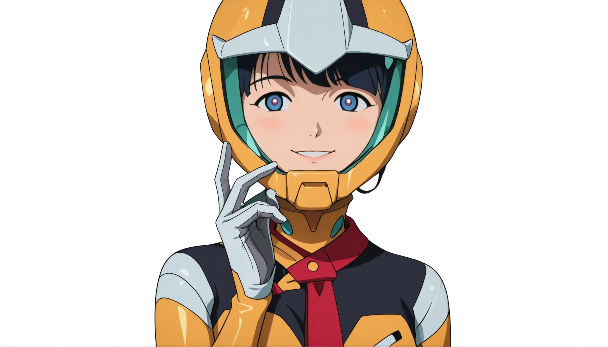 simple background, white background, deep, ANIMATED SCREEN CAPTURE,Anime Coloring, Shiiko 2, helmet, solo, stares at viewers, gloves, blue eyes, smile, red ties, 1 girl, white gloves, ties,yellow bodysuit,pilot suit,mouth,Moderate bust