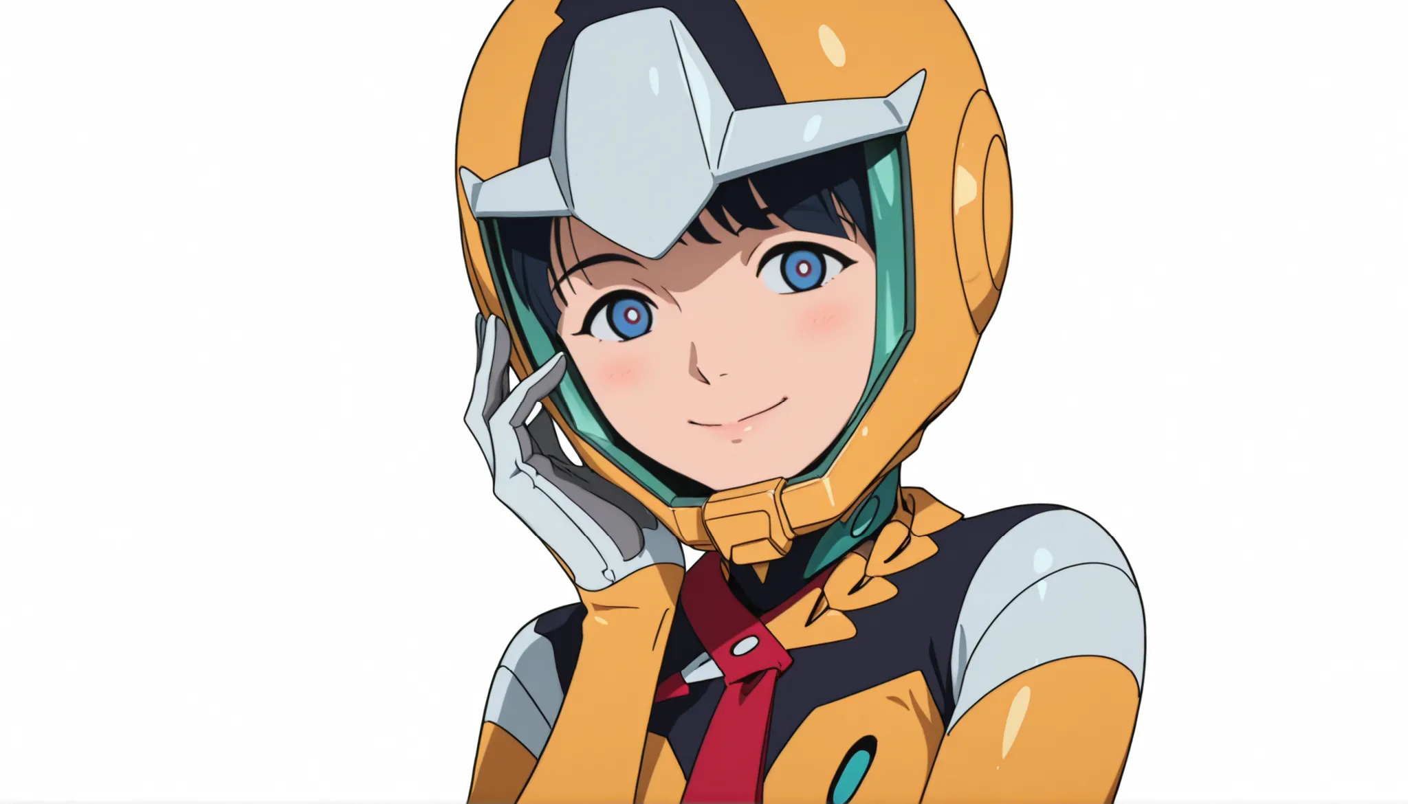 simple background, white background, deep, anime screen capture,Anime Coloring, Shiiko 2, helmet, solo, stares at viewers, gloves, blue eyes, smile, red ties, 1 girl, white gloves, ties,yellow bodysuit,pilot suit,mouth,Moderate bust