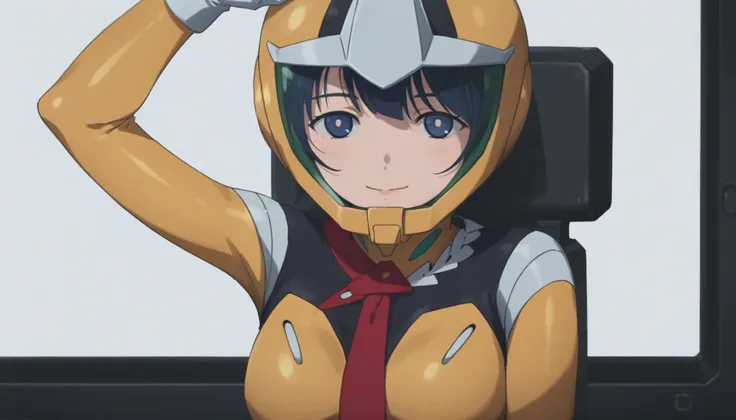 simple background, white background, deep, anime screen capture,Anime Coloring, Shiiko 2, helmet, solo, stares at viewers, gloves, blue eyes, smile, red ties, 1 girl, white gloves, ties,yellow bodysuit,pilot suit,mouth,Moderate bust