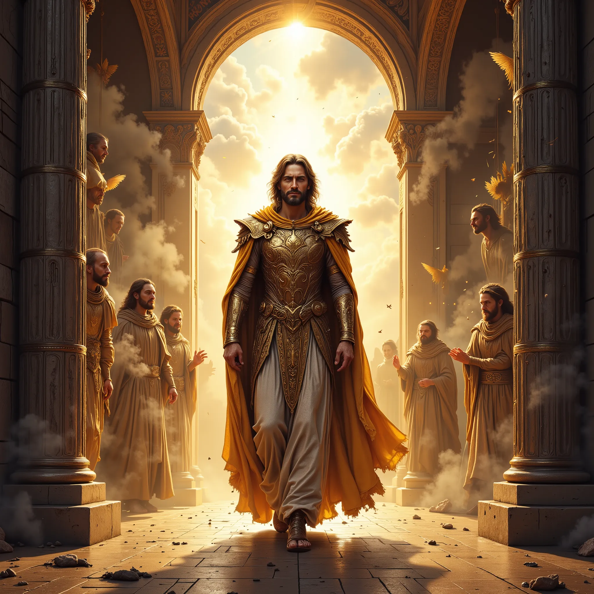 extremely detailed, Masterpiece, 8k, A split-screen image: on the left side, (Jeddblexpsre , double exposure) ancient gates opening with heavenly light pouring through; on the right side, the King of Glory – the Lord of Hosts – depicted as a majestic, powe...