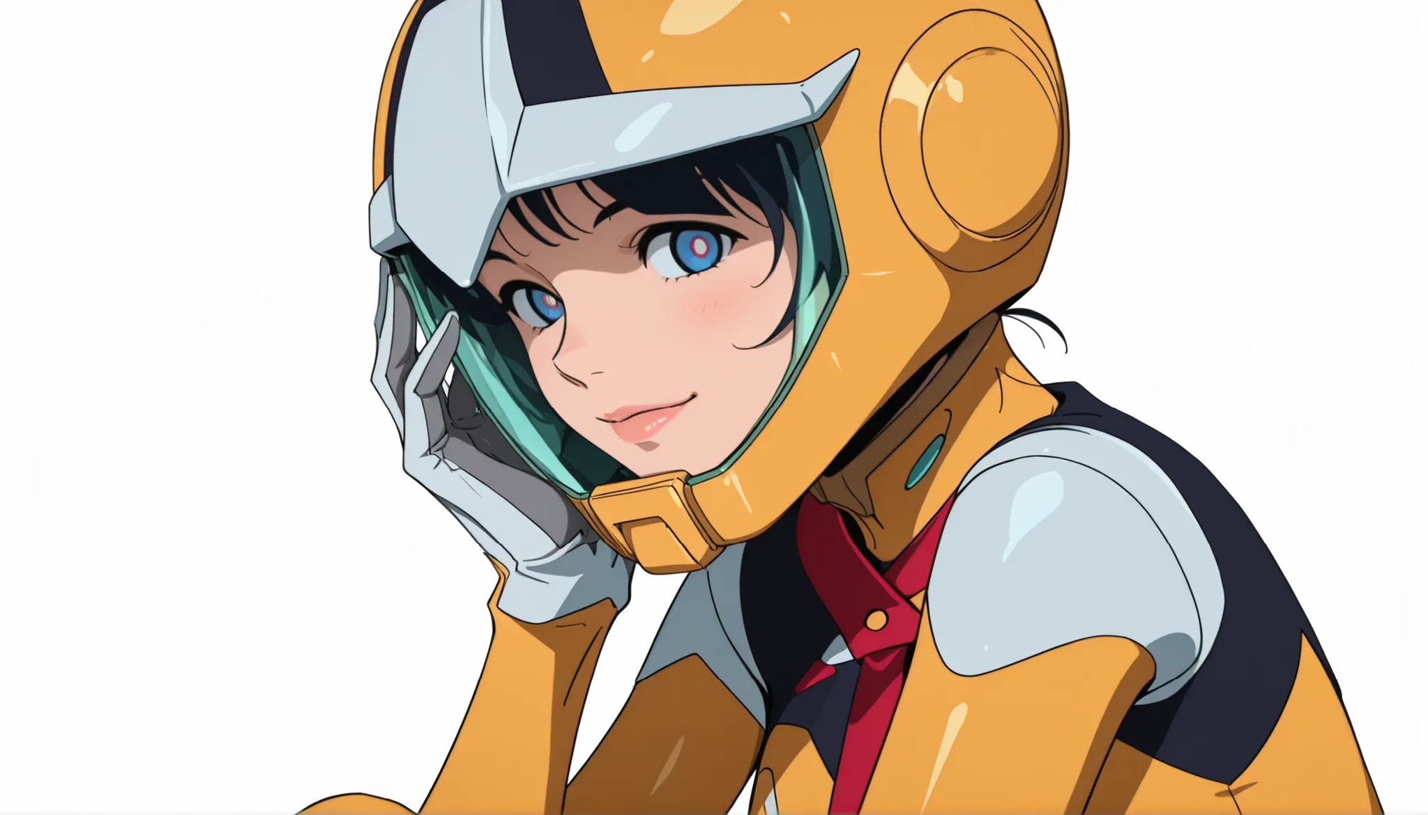profile、simple background, white background, deep, anime screen capture,Anime Coloring, Shiiko 2, helmet, solo, stares at viewers, gloves, blue eyes, smile, red ties, 1 girl, white gloves, ties,yellow bodysuit,pilot suit, with your lips tied,New type flash...