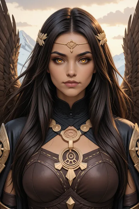 A striking portrait of a majestic eagle-woman hybrid, her features fierce and regal. She has sharp golden eyes, feathered brows, and wings of powerful brown and white plumage extending from her back. Her long, dark hair blends into feathers at the tips, an...