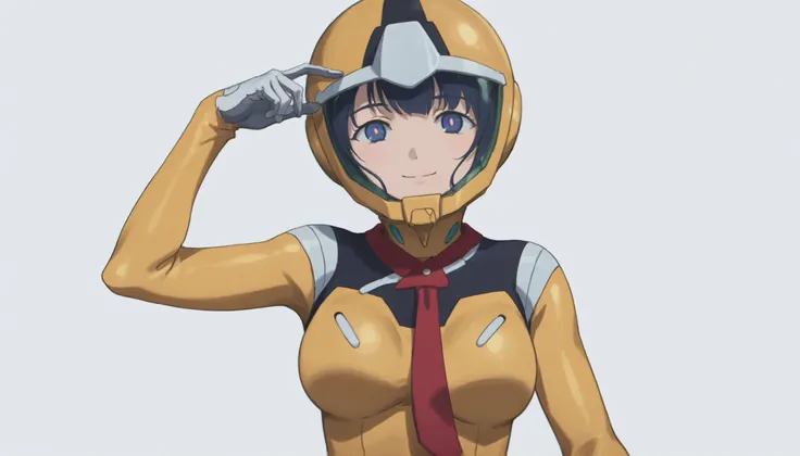 simple background, white background, deep, ANIMATED SCREEN CAPTURE,Anime Coloring, Shiiko 2, helmet, solo, stares at viewers, gloves, blue eyes, smile, red ties, 1 girl, white gloves, ties,yellow bodysuit,pilot suit,Look up diagonally and shout,Moderate bu...