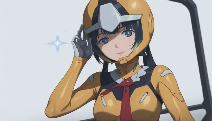 profile、simple background, white background, deep, ANIMATED SCREEN CAPTURE,Anime Coloring, Shiiko 2, helmet, solo, stares at viewers, gloves, blue eyes, smile, red ties, 1 girl, white gloves, ties,yellow bodysuit,pilot suit,stares、hatred、 with your lips ti...