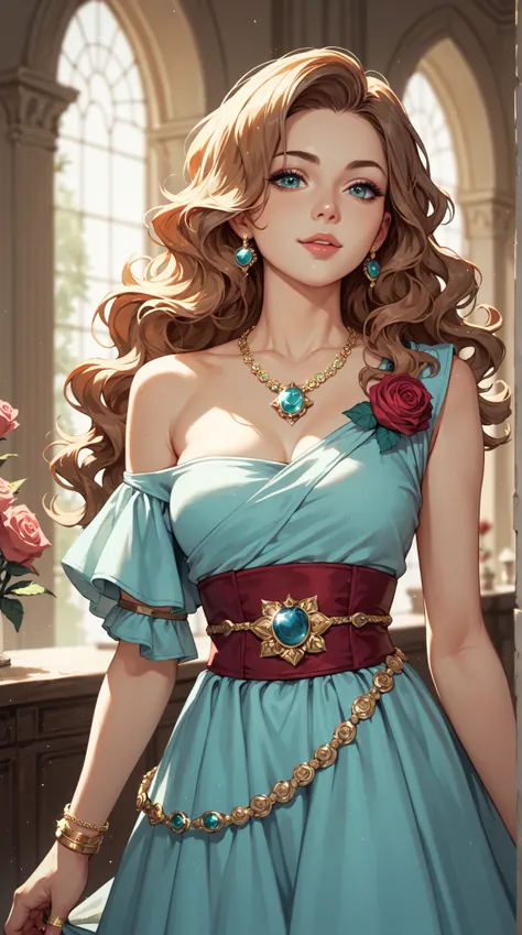 female, One Shoulder Dress, rose brooch, wavy hair with a graceful expression, Wide Necklaces, Gold Ring Closure, sash belt, 