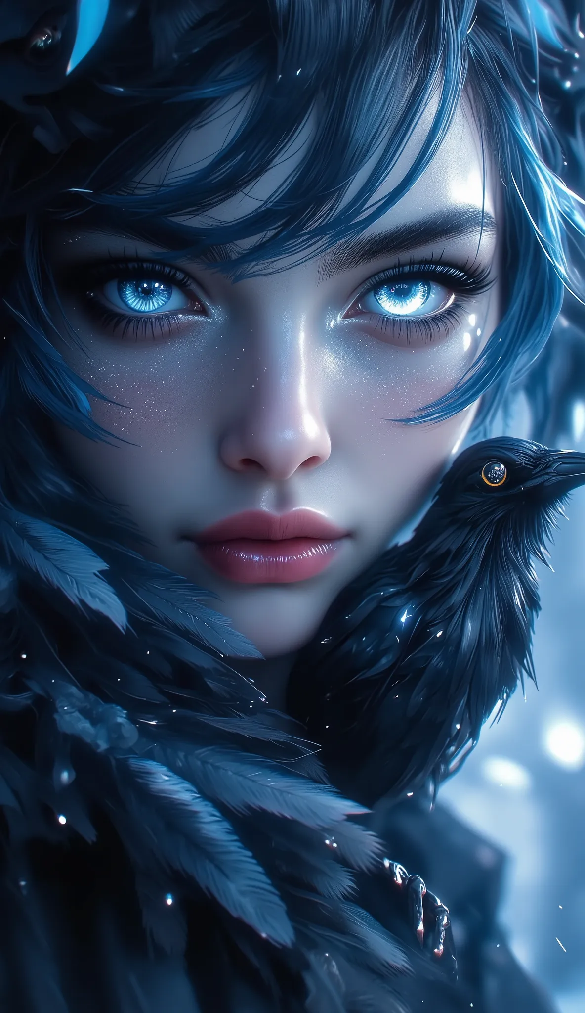 a woman with a mystical and otherworldly aura, her face partially obscured by a veil of blue feathers. Her piercing blue eye, adorned with a glimmering white contact lens, stares intensely at the viewer. The woman's skin is illuminated by a soft, ethereal ...