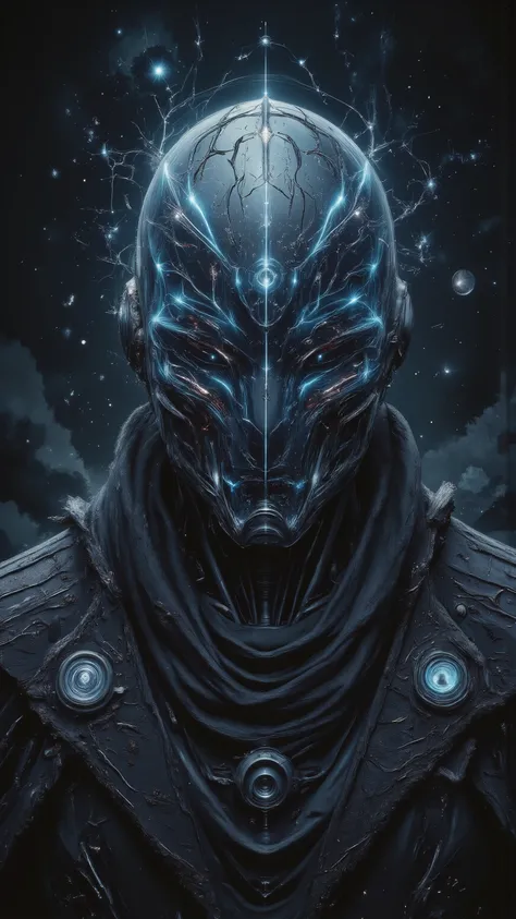 "Alien AI entity cloaked in black nanotech fabric, transparent crystalline head showing swirling data streams, standing in front of a dark cosmic void, energy pulses traveling through its mechanical veins, sci-fi horror style, surreal lighting, highly deta...
